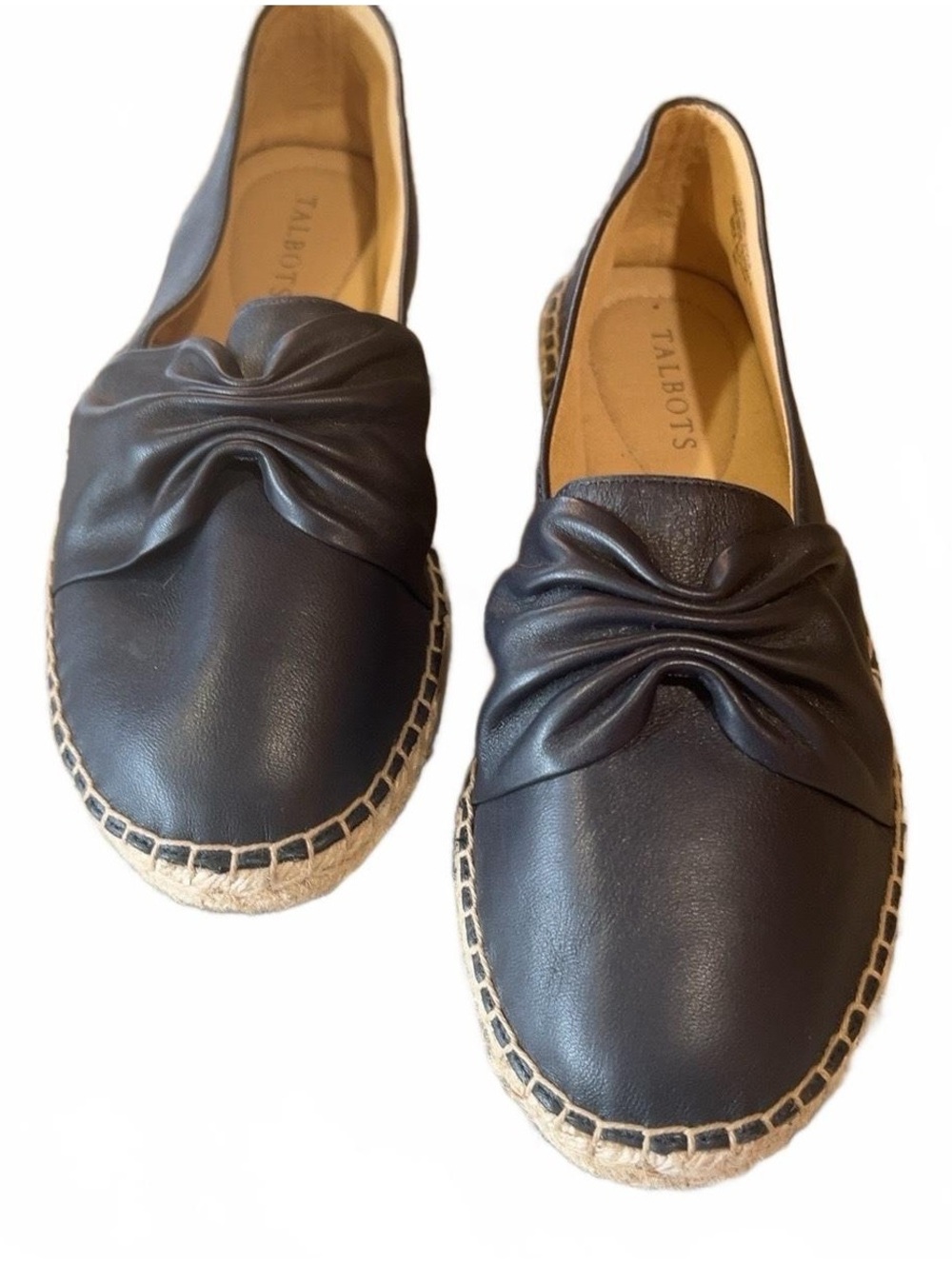 Talbots Black Leather Espadrille Loafers Knotted Bow Slip On Flats Size 9